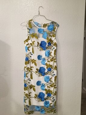 Calvin Klein White Midi Dress with Blue Floral Embroidery